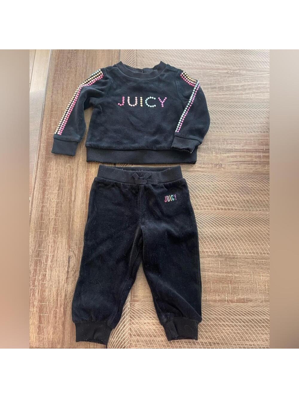 Juicy Couture Baby 12M Black Velour Tracksuit with Rainbow Rhinestone Sleeves